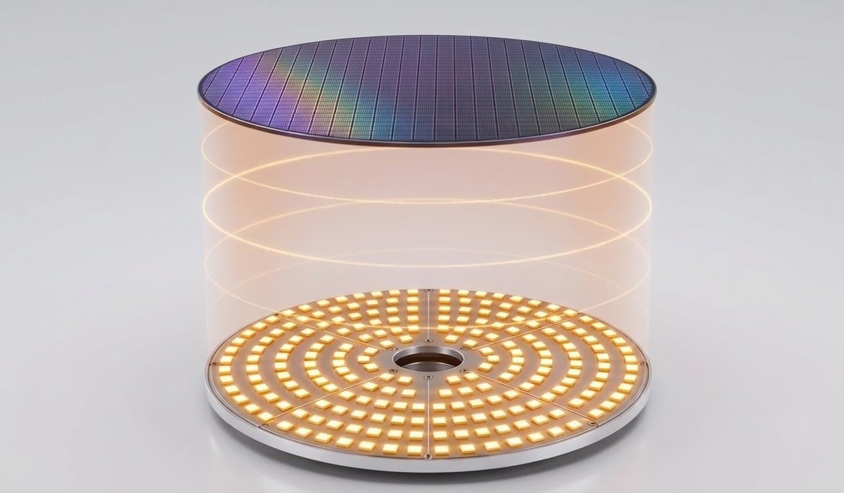 LED 어레이의 열이 웨이퍼로 전달되는 도해